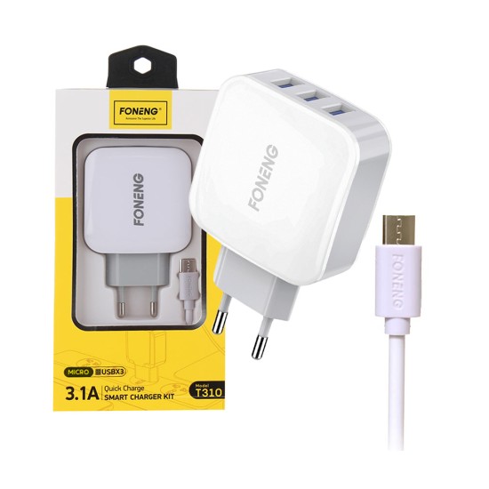 Foneng Fast Charger Adaptor T310 with Micro Cable 3 USB 3.1A White